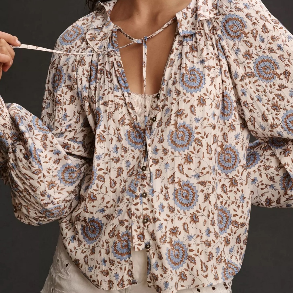 ANTHROPOLOGIE Button-Front Peasant Blouse Print sz 2x - Picture 2 of 11